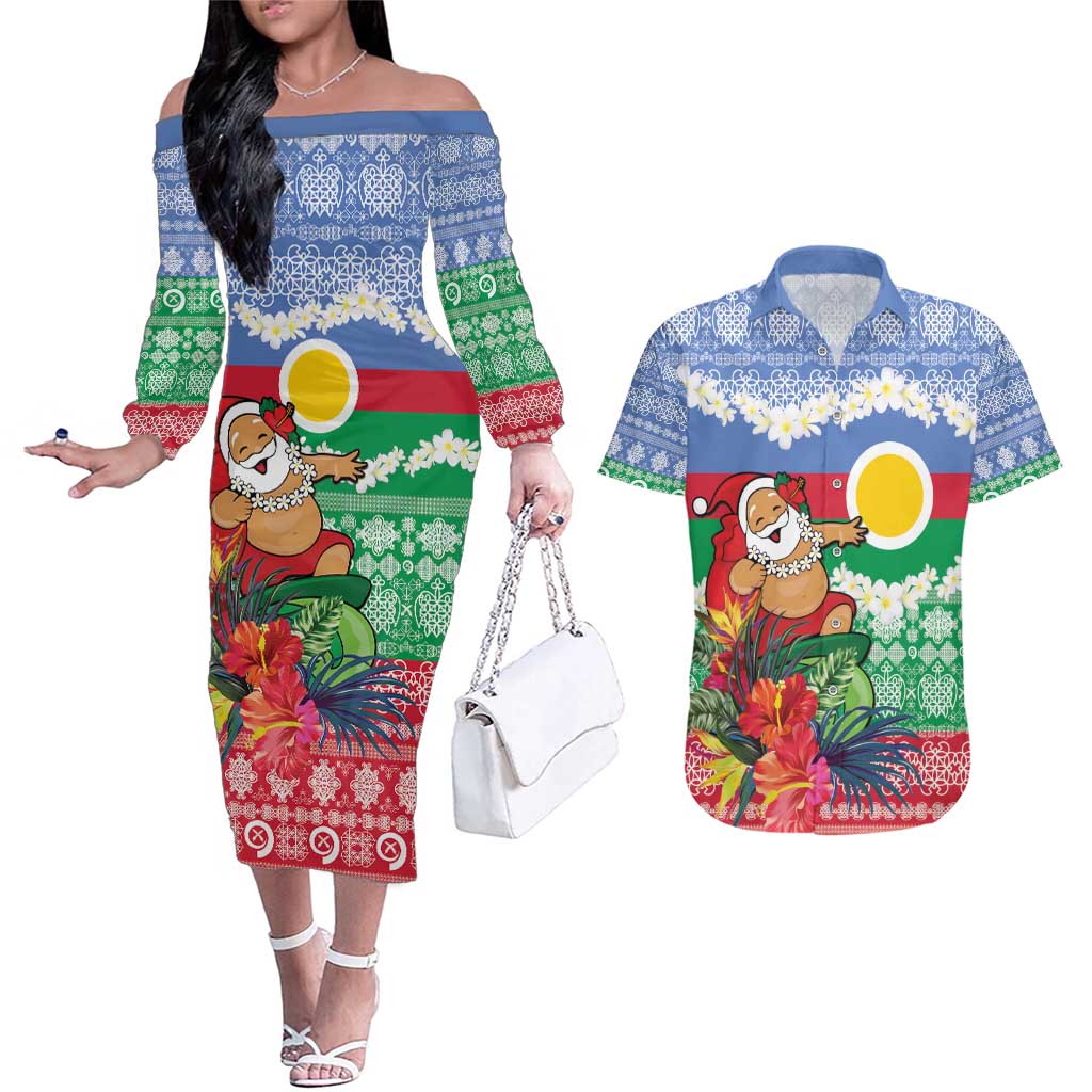 Personalised Shefa Joyeux Noel Couples Matching Off The Shoulder Long Sleeve Dress and Hawaiian Shirt Proud To Be a Ni-Van Sand Drawing Art - Polynesian Pride