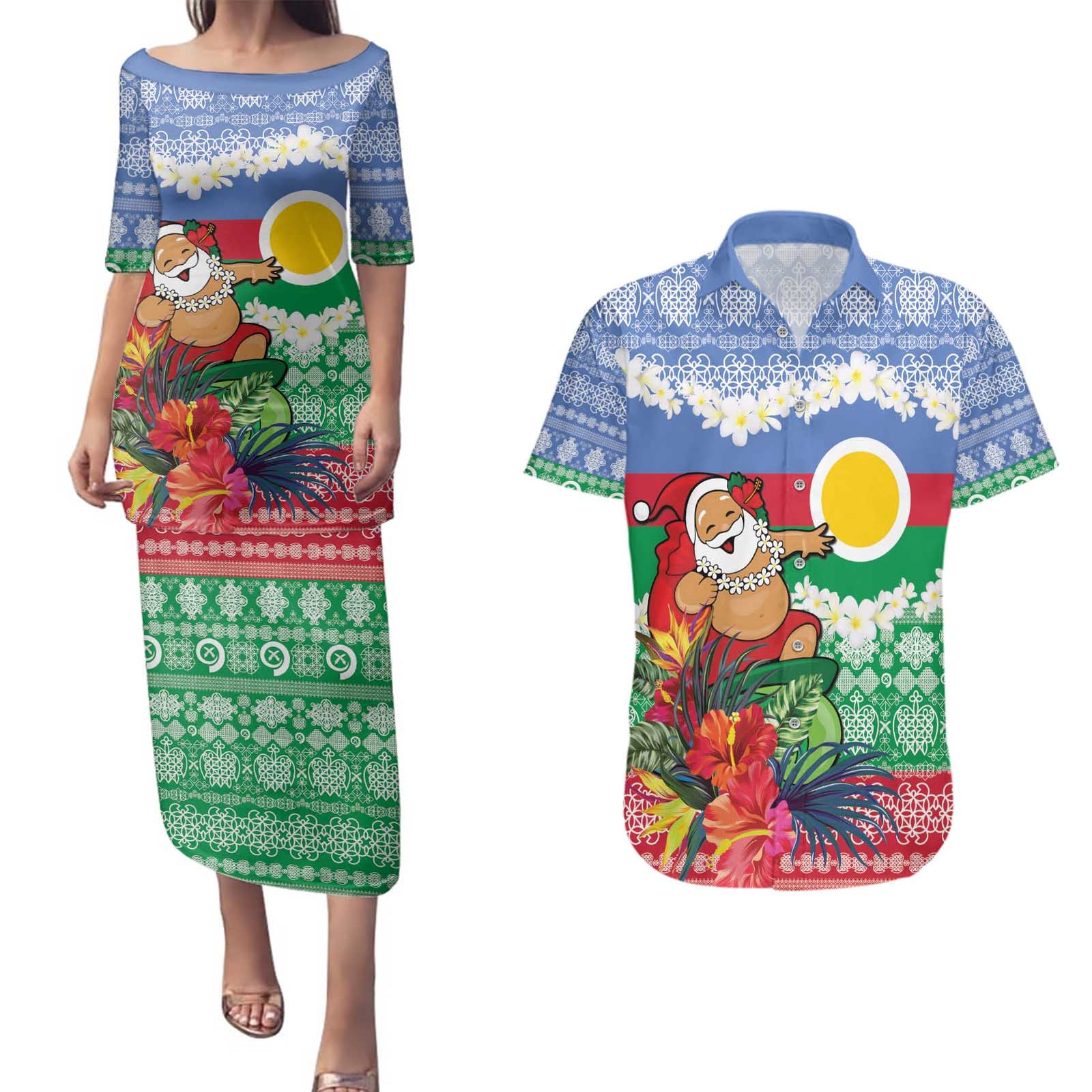 Personalised Shefa Joyeux Noel Couples Matching Puletasi and Hawaiian Shirt Proud To Be a Ni-Van Sand Drawing Art LT9 Blue - Polynesian Pride