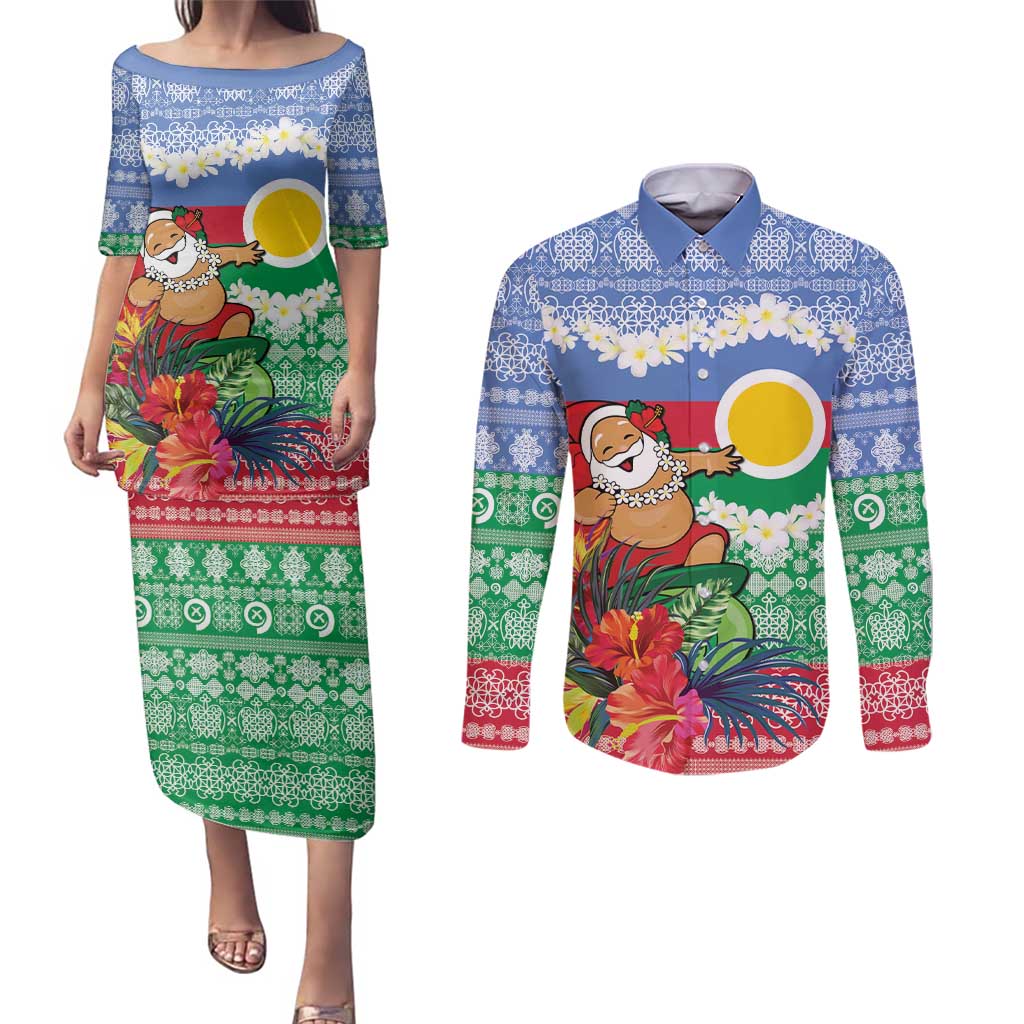 Personalised Shefa Joyeux Noel Couples Matching Puletasi and Long Sleeve Button Shirt Proud To Be a Ni-Van Sand Drawing Art LT9 Blue - Polynesian Pride