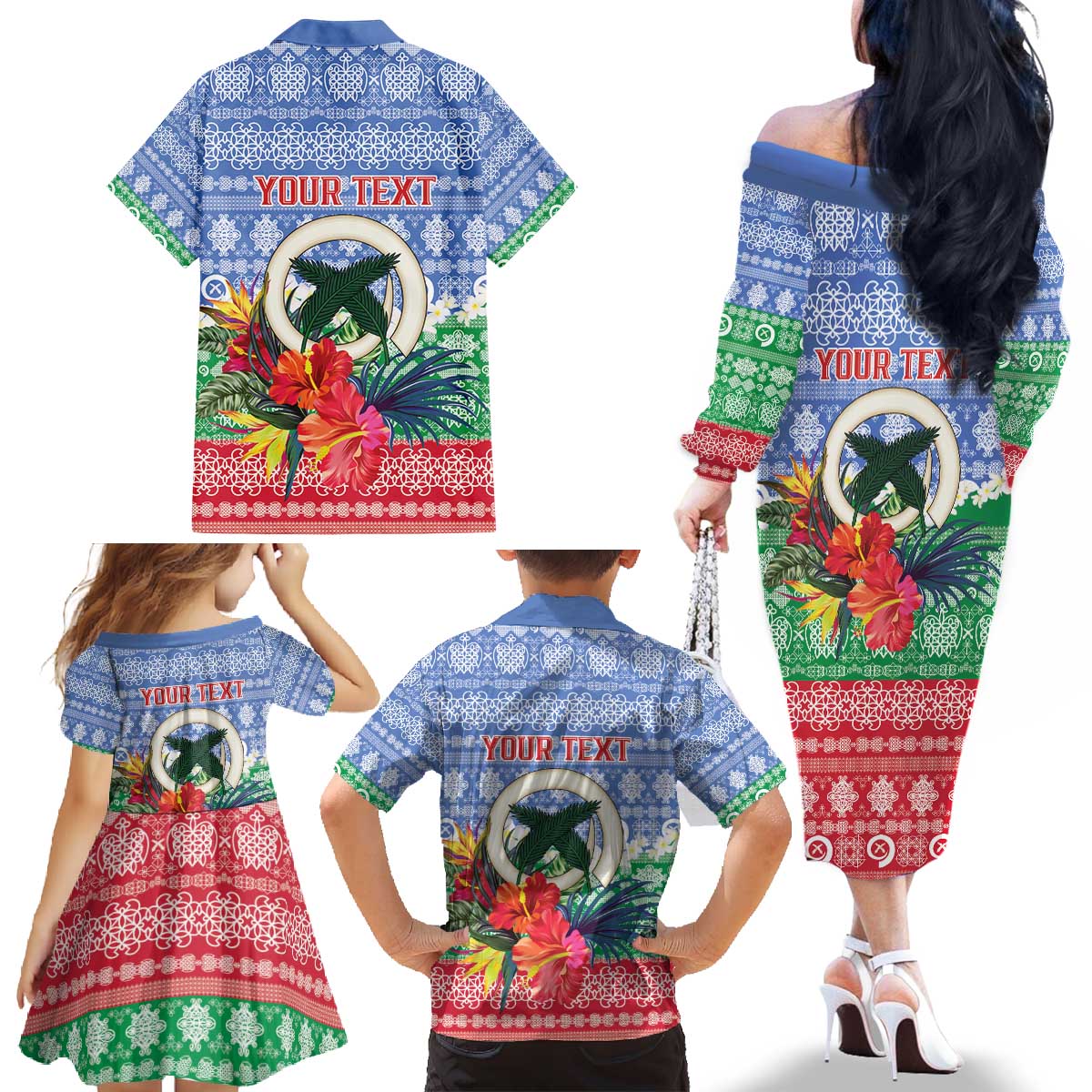 Personalised Shefa Joyeux Noel Family Matching Off The Shoulder Long Sleeve Dress and Hawaiian Shirt Proud To Be a Ni-Van Sand Drawing Art - Polynesian Pride