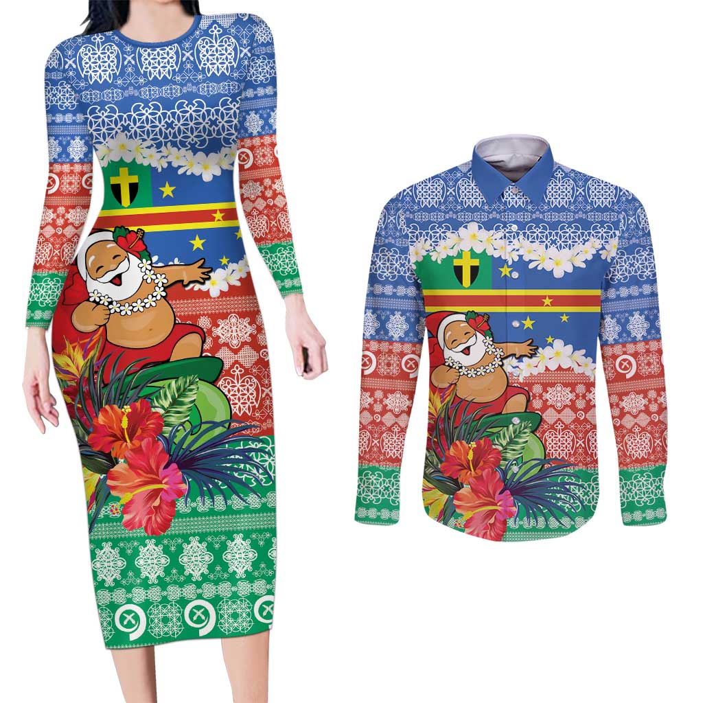 Personalised Tafea Joyeux Noel Couples Matching Long Sleeve Bodycon Dress and Long Sleeve Button Shirt Proud To Be a Ni-Van Sand Drawing Art LT9 Blue - Polynesian Pride