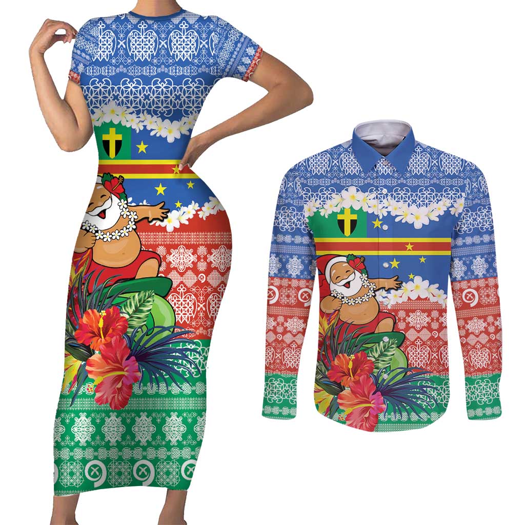 Personalised Tafea Joyeux Noel Couples Matching Short Sleeve Bodycon Dress and Long Sleeve Button Shirt Proud To Be a Ni-Van Sand Drawing Art LT9 Blue - Polynesian Pride