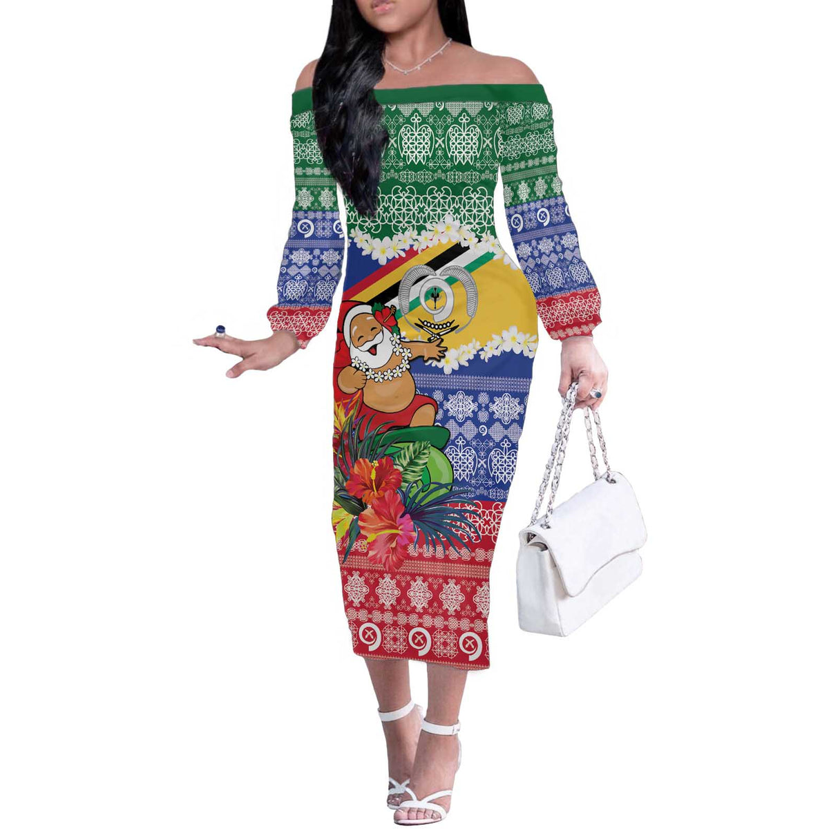 Personalised Torba Joyeux Noel Off The Shoulder Long Sleeve Dress Proud To Be a Ni-Van Sand Drawing Art - Polynesian Pride