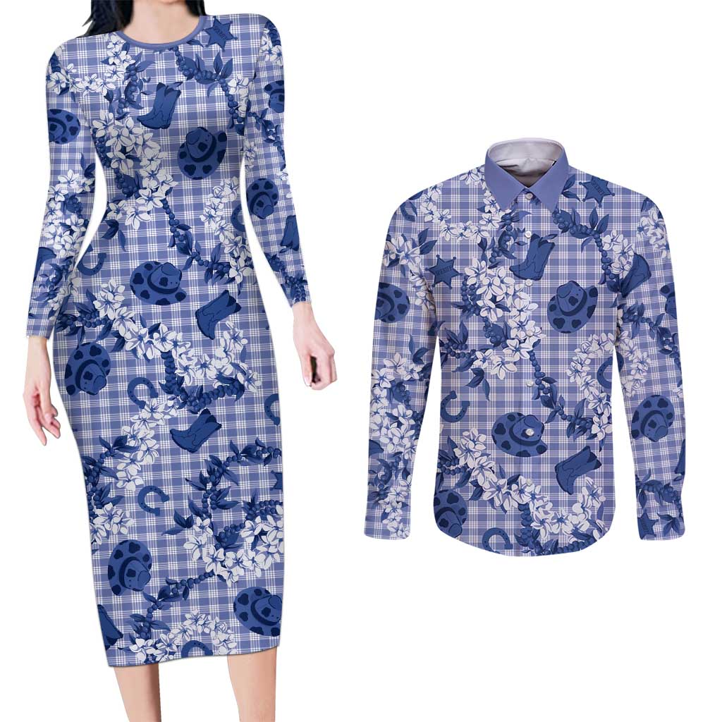 Mokihana Maile Ilima Leis Paniolo Palaka Couples Matching Long Sleeve Bodycon Dress and Long Sleeve Button Shirt Hawaiian Polu Spirit - Polynesian Pride