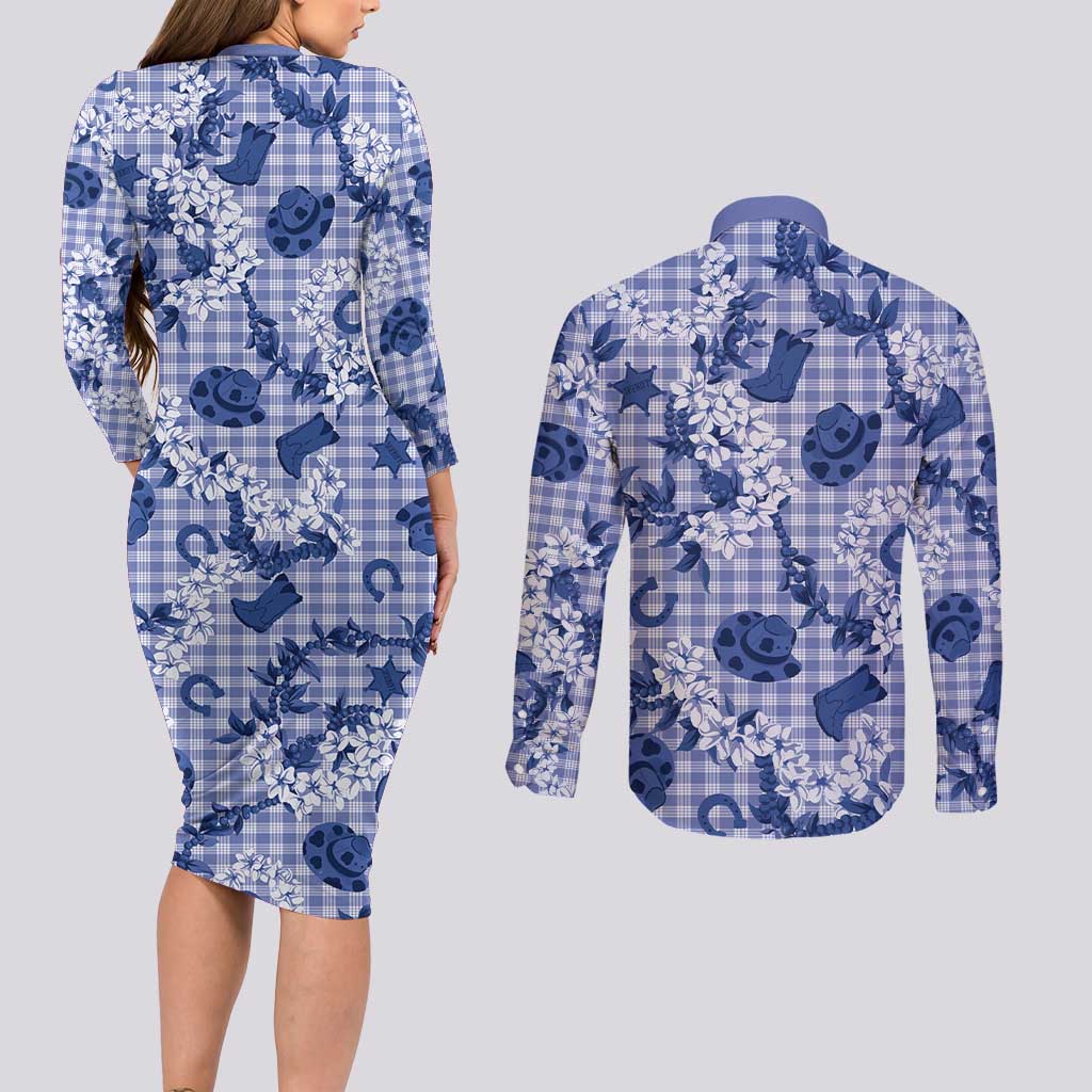 Mokihana Maile Ilima Leis Paniolo Palaka Couples Matching Long Sleeve Bodycon Dress and Long Sleeve Button Shirt Hawaiian Polu Spirit - Polynesian Pride