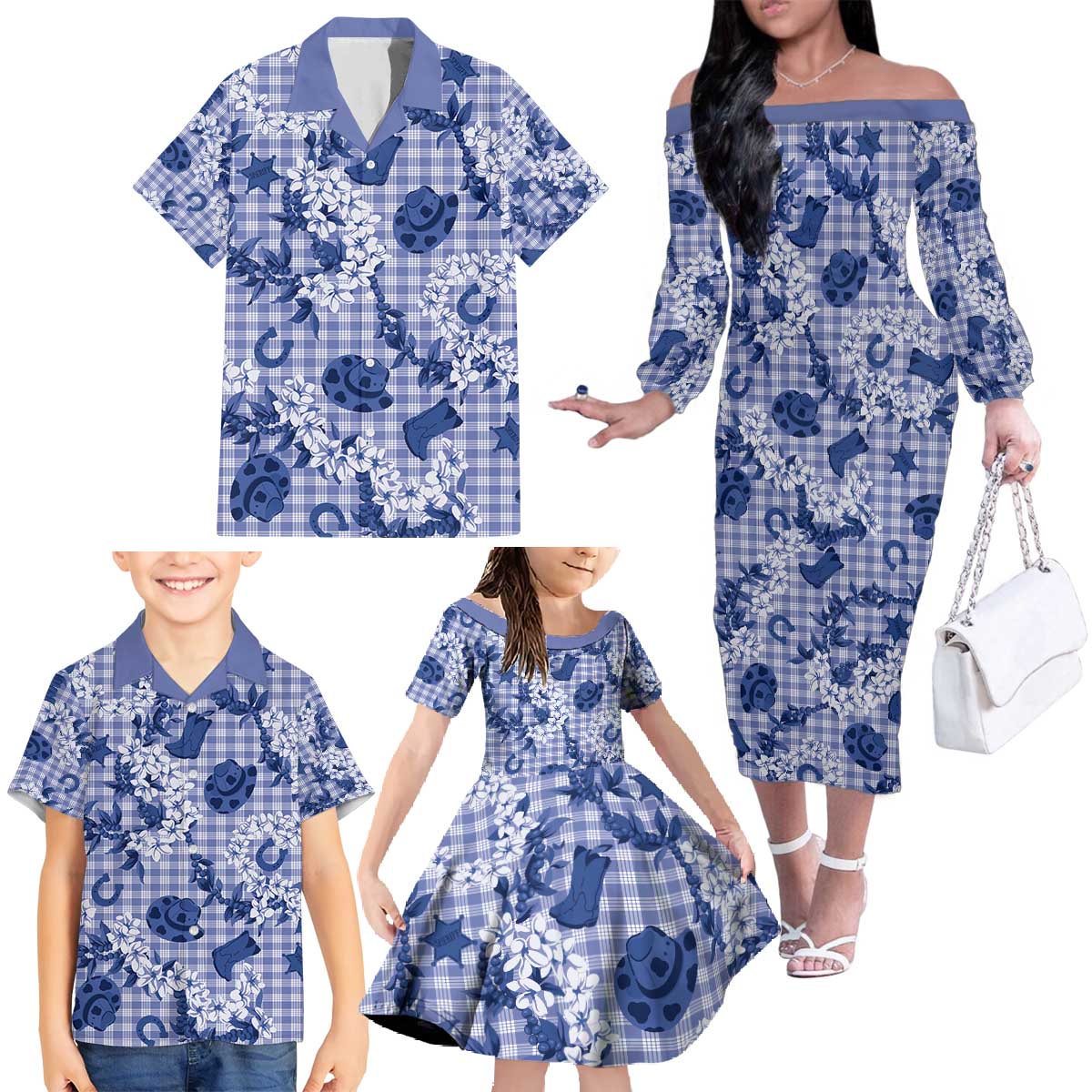 Mokihana Maile Ilima Leis Paniolo Palaka Family Matching Off The Shoulder Long Sleeve Dress and Hawaiian Shirt Hawaiian Polu Spirit - Polynesian Pride