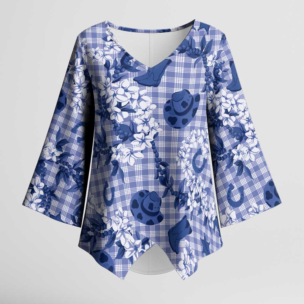 Mokihana Maile Ilima Leis Paniolo Palaka Kimono Sleeve Blouse Hawaiian Polu Spirit LT9 Female Blue - Polynesian Pride