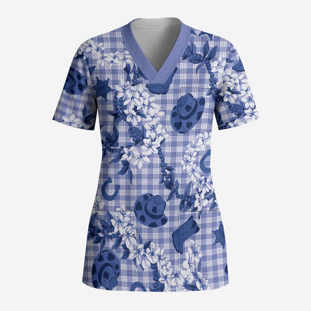 Mokihana Maile Ilima Leis Paniolo Palaka Scrub Top Hawaiian Polu Spirit LT9 Adult Blue - Polynesian Pride