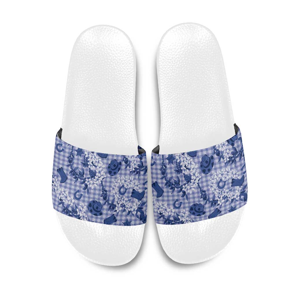 Mokihana Maile Ilima Leis Paniolo Palaka Slide Sandals Hawaiian Polu Spirit LT9 Blue - Polynesian Pride
