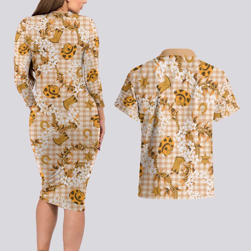 Mokihana Maile Ilima Leis Paniolo Palaka Couples Matching Long Sleeve Bodycon Dress and Hawaiian Shirt Hawaiian Kula Spirit - Polynesian Pride