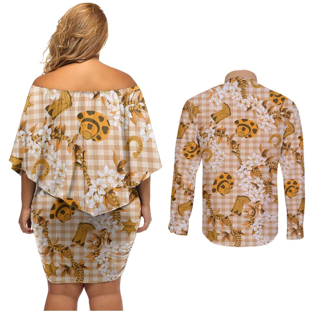 Mokihana Maile Ilima Leis Paniolo Palaka Couples Matching Off Shoulder Short Dress and Long Sleeve Button Shirt Hawaiian Kula Spirit - Polynesian Pride