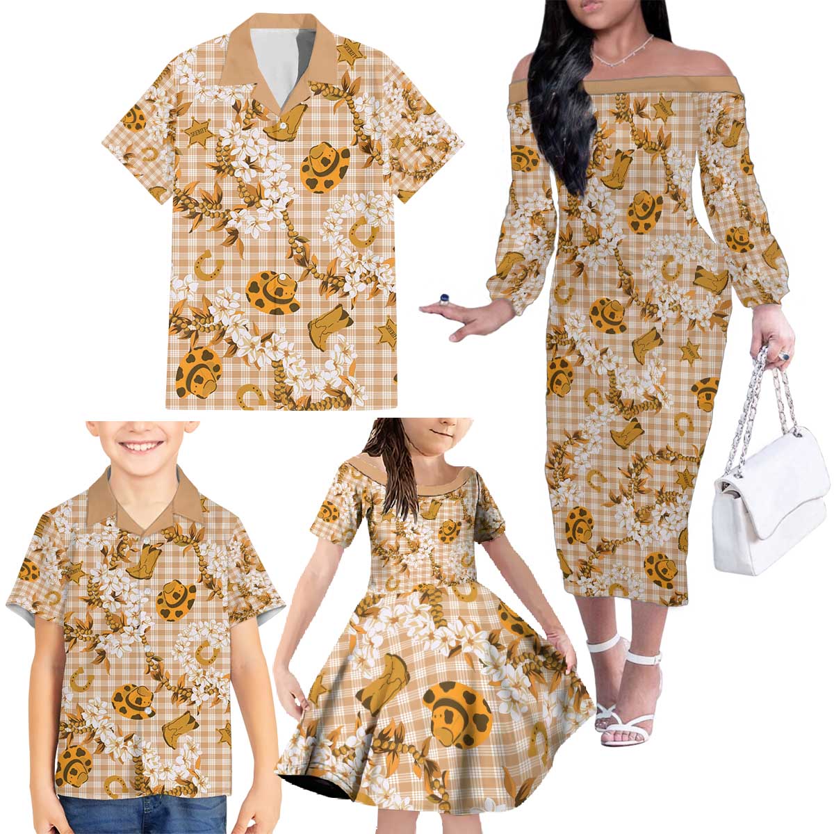 Mokihana Maile Ilima Leis Paniolo Palaka Family Matching Off The Shoulder Long Sleeve Dress and Hawaiian Shirt Hawaiian Kula Spirit - Polynesian Pride