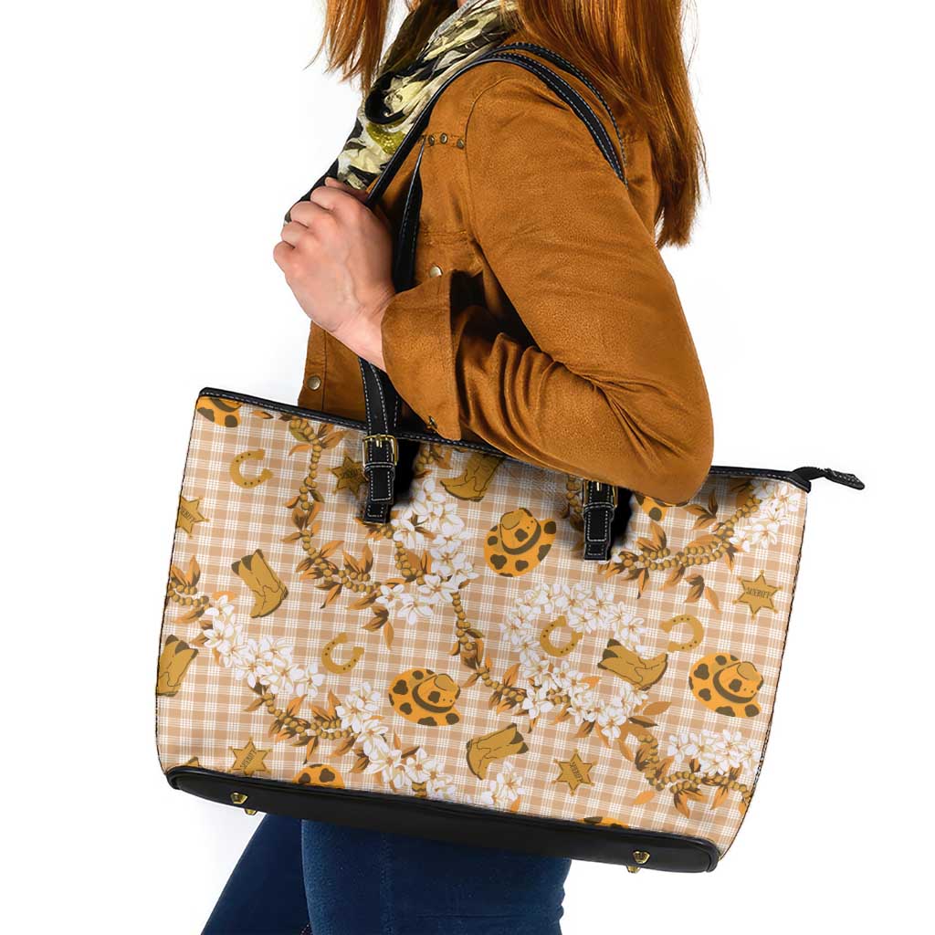 Mokihana Maile Ilima Leis Paniolo Palaka Leather Tote Bag Hawaiian Kula Spirit LT9 Gold - Polynesian Pride