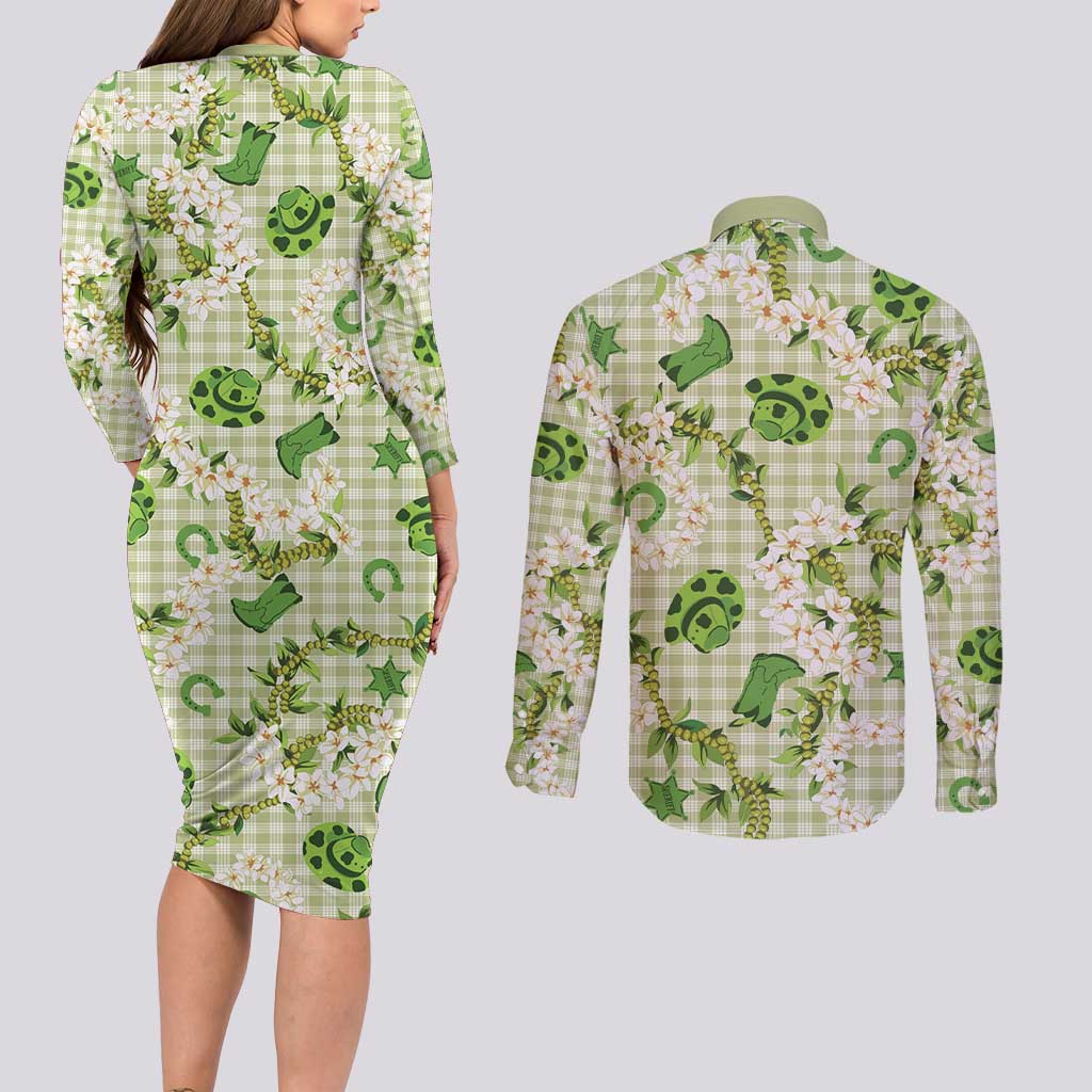 Mokihana Maile Ilima Leis Paniolo Palaka Couples Matching Long Sleeve Bodycon Dress and Long Sleeve Button Shirt Hawaiian Omaomo Ala Spirit - Polynesian Pride