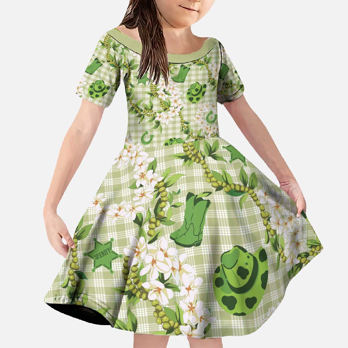 Mokihana Maile Ilima Leis Paniolo Palaka Family Matching Off The Shoulder Long Sleeve Dress and Hawaiian Shirt Hawaiian Omaomo Ala Spirit - Polynesian Pride