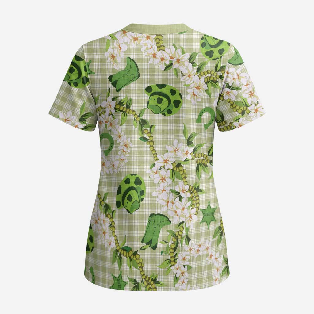 Mokihana Maile Ilima Leis Paniolo Palaka Scrub Top Hawaiian Omaomo Ala Spirit - Polynesian Pride