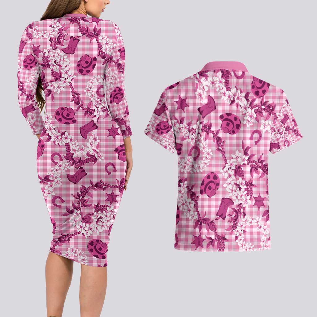 Mokihana Maile Ilima Leis Paniolo Palaka Couples Matching Long Sleeve Bodycon Dress and Hawaiian Shirt Hawaiian Omaomo Ulaula Spirit - Polynesian Pride