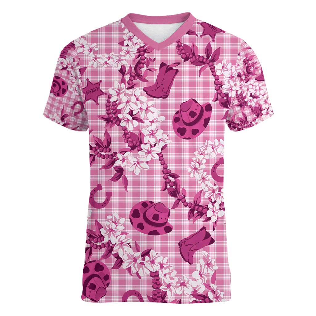 Mokihana Maile Ilima Leis Paniolo Palaka Women V-Neck T-Shirt Hawaiian Omaomo Ulaula Spirit - Polynesian Pride