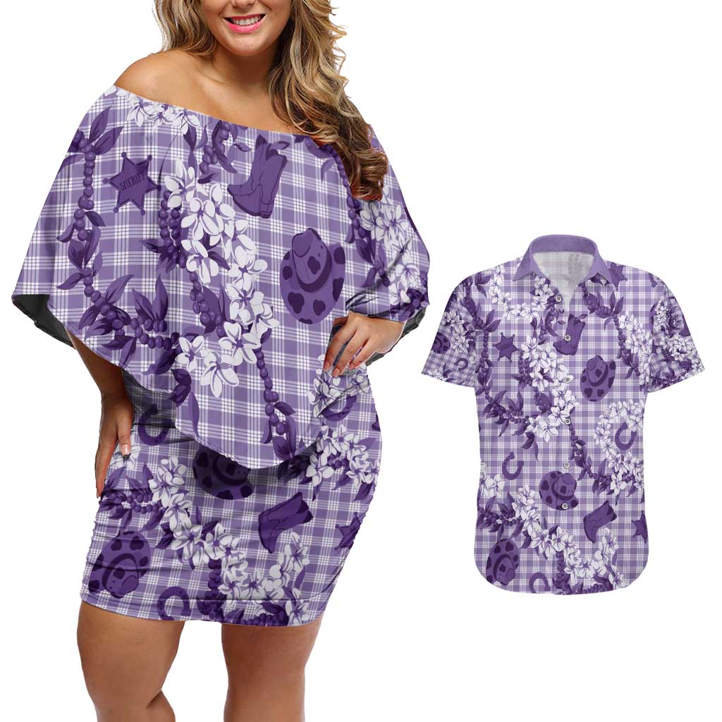 Mokihana Maile Ilima Leis Paniolo Palaka Couples Matching Off Shoulder Short Dress and Hawaiian Shirt Hawaiian Poni Spirit - Polynesian Pride