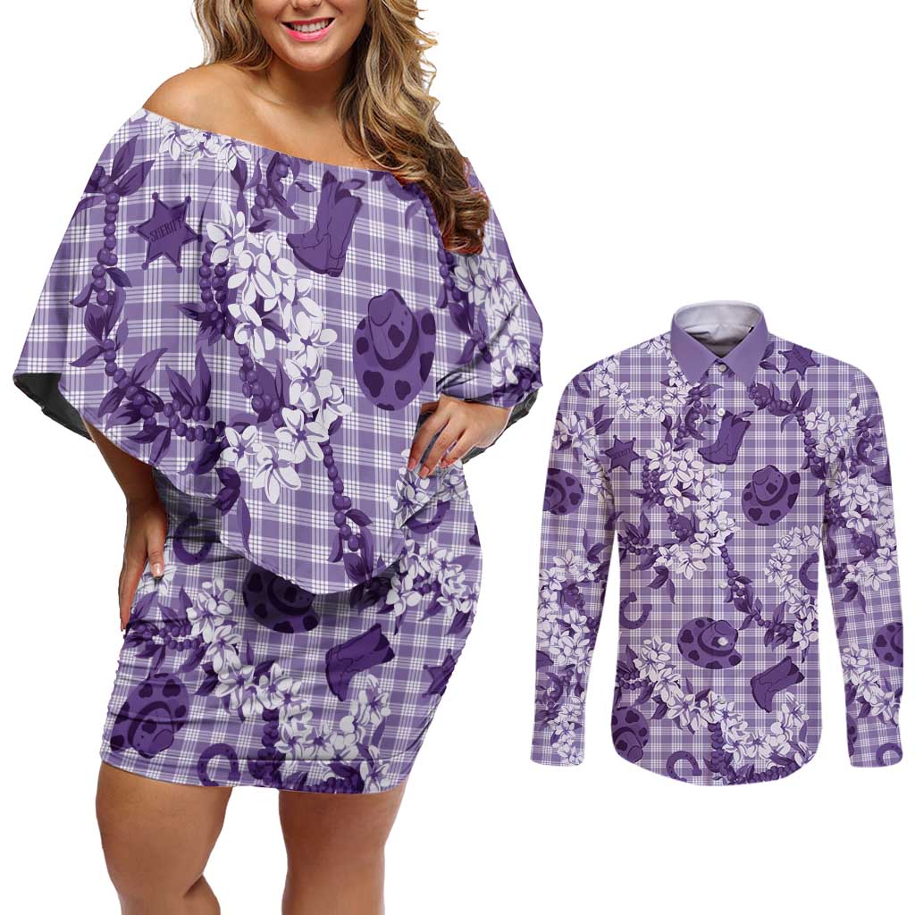 Mokihana Maile Ilima Leis Paniolo Palaka Couples Matching Off Shoulder Short Dress and Long Sleeve Button Shirt Hawaiian Poni Spirit - Polynesian Pride