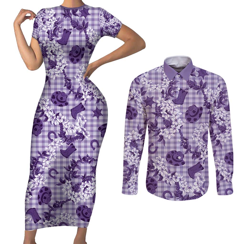 Mokihana Maile Ilima Leis Paniolo Palaka Couples Matching Short Sleeve Bodycon Dress and Long Sleeve Button Shirt Hawaiian Poni Spirit - Polynesian Pride