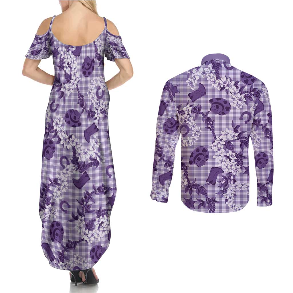 Mokihana Maile Ilima Leis Paniolo Palaka Couples Matching Summer Maxi Dress and Long Sleeve Button Shirt Hawaiian Poni Spirit - Polynesian Pride