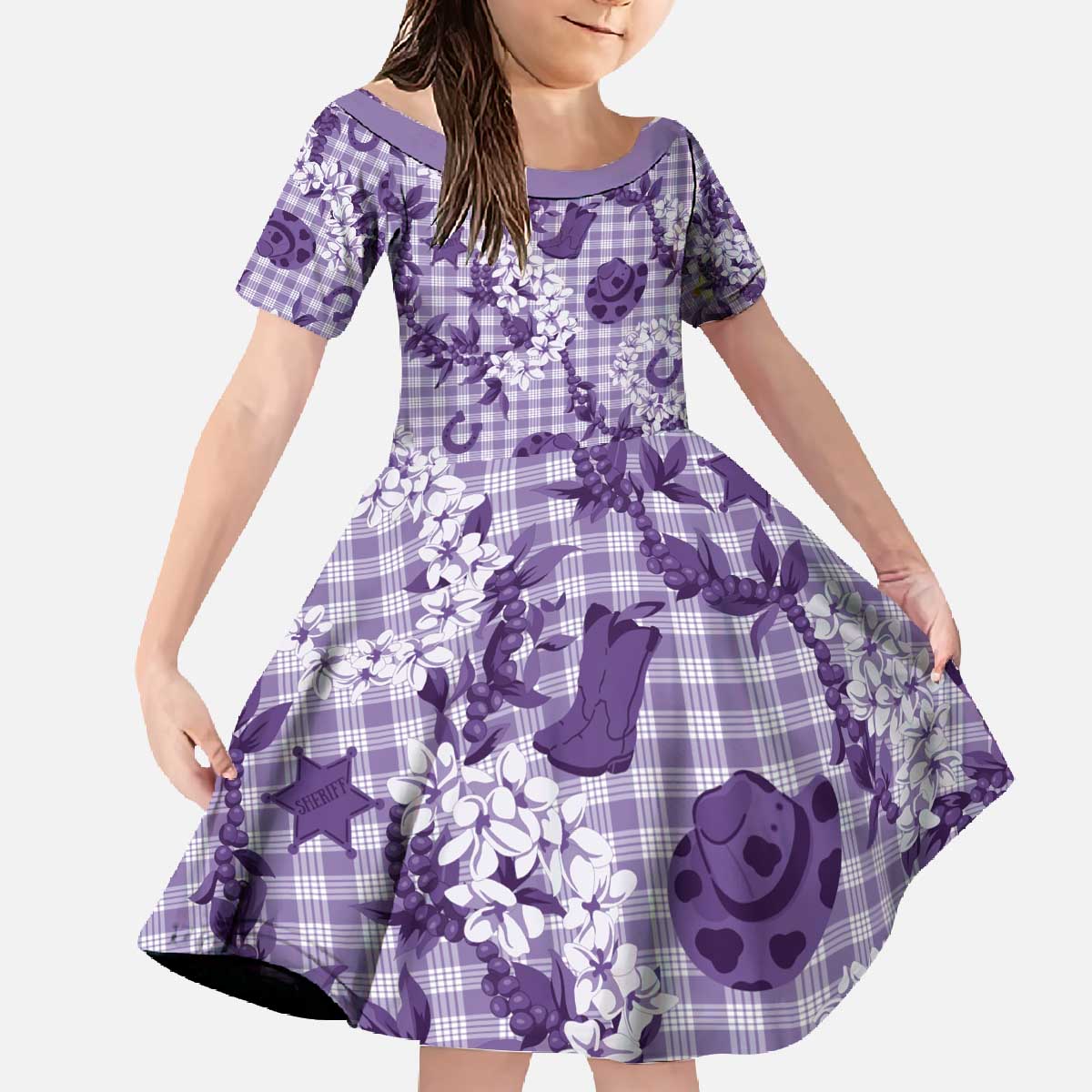 Mokihana Maile Ilima Leis Paniolo Palaka Family Matching Off The Shoulder Long Sleeve Dress and Hawaiian Shirt Hawaiian Poni Spirit - Polynesian Pride