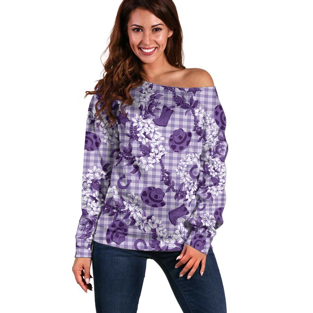 Mokihana Maile Ilima Leis Paniolo Palaka Off Shoulder Sweater Hawaiian Poni Spirit - Polynesian Pride