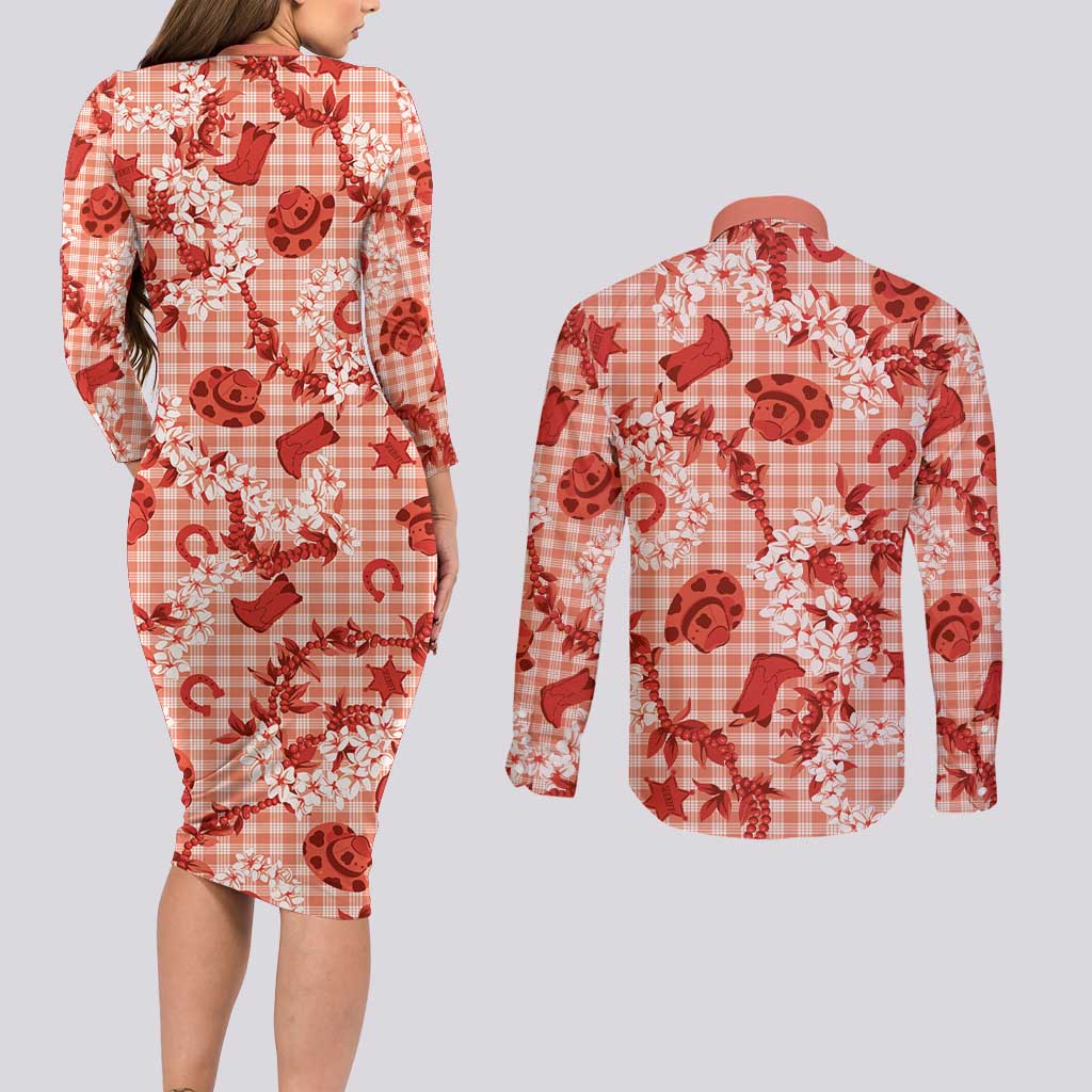 Mokihana Maile Ilima Leis Paniolo Palaka Couples Matching Long Sleeve Bodycon Dress and Long Sleeve Button Shirt Hawaiian Ulaula Spirit - Polynesian Pride