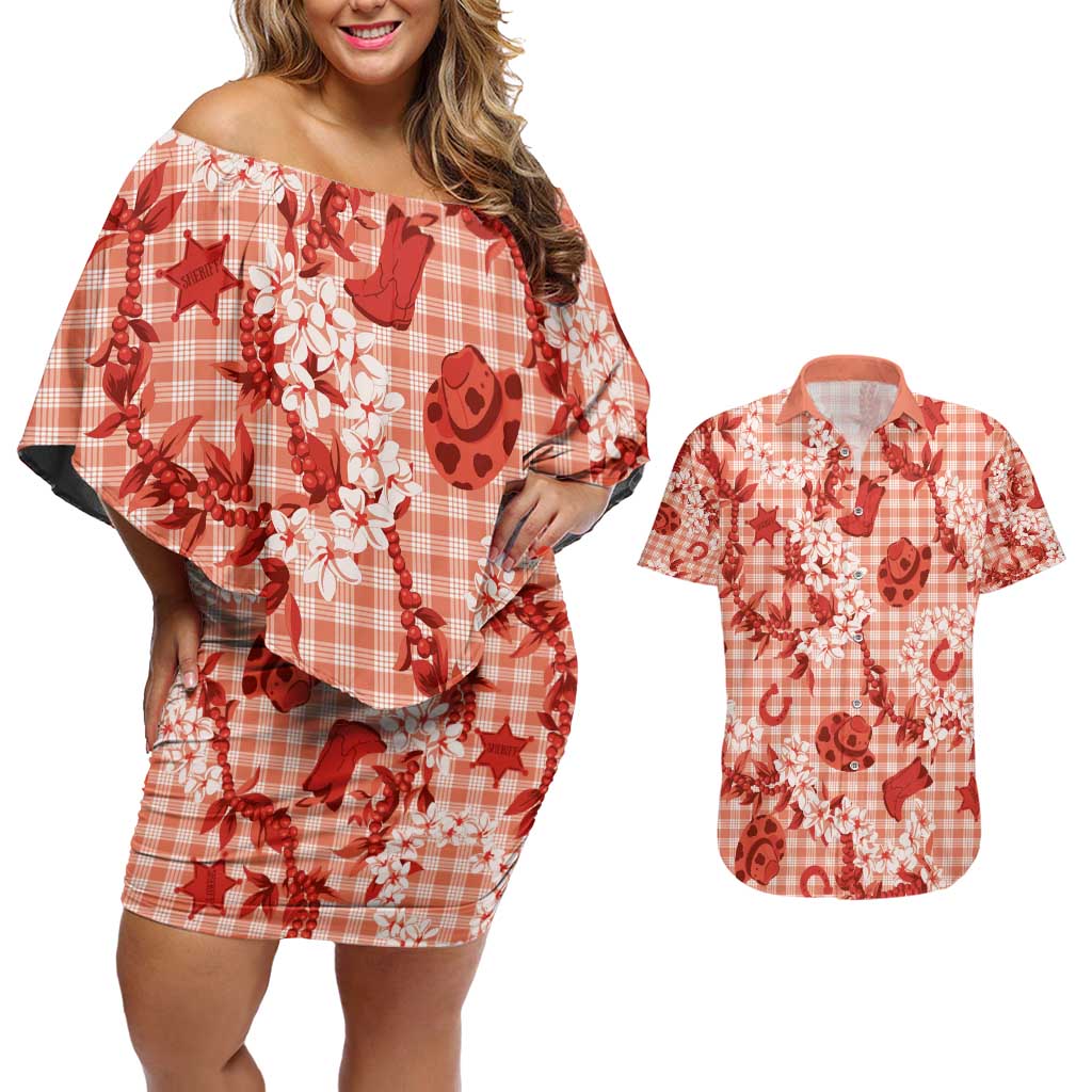 Mokihana Maile Ilima Leis Paniolo Palaka Couples Matching Off Shoulder Short Dress and Hawaiian Shirt Hawaiian Ulaula Spirit - Polynesian Pride