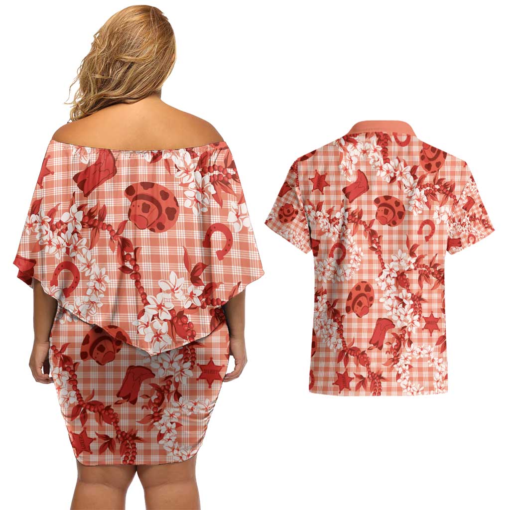 Mokihana Maile Ilima Leis Paniolo Palaka Couples Matching Off Shoulder Short Dress and Hawaiian Shirt Hawaiian Ulaula Spirit - Polynesian Pride