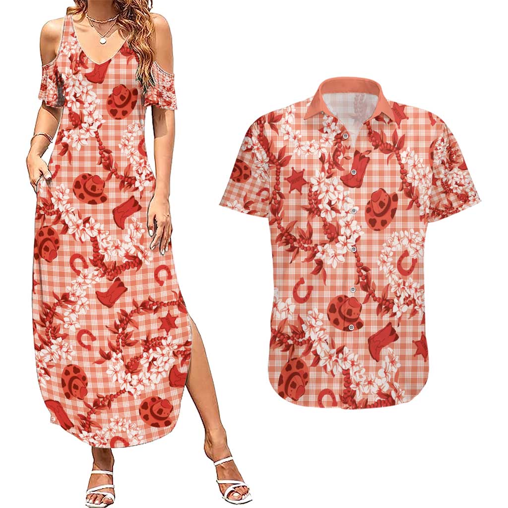 Mokihana Maile Ilima Leis Paniolo Palaka Couples Matching Summer Maxi Dress and Hawaiian Shirt Hawaiian Ulaula Spirit - Polynesian Pride