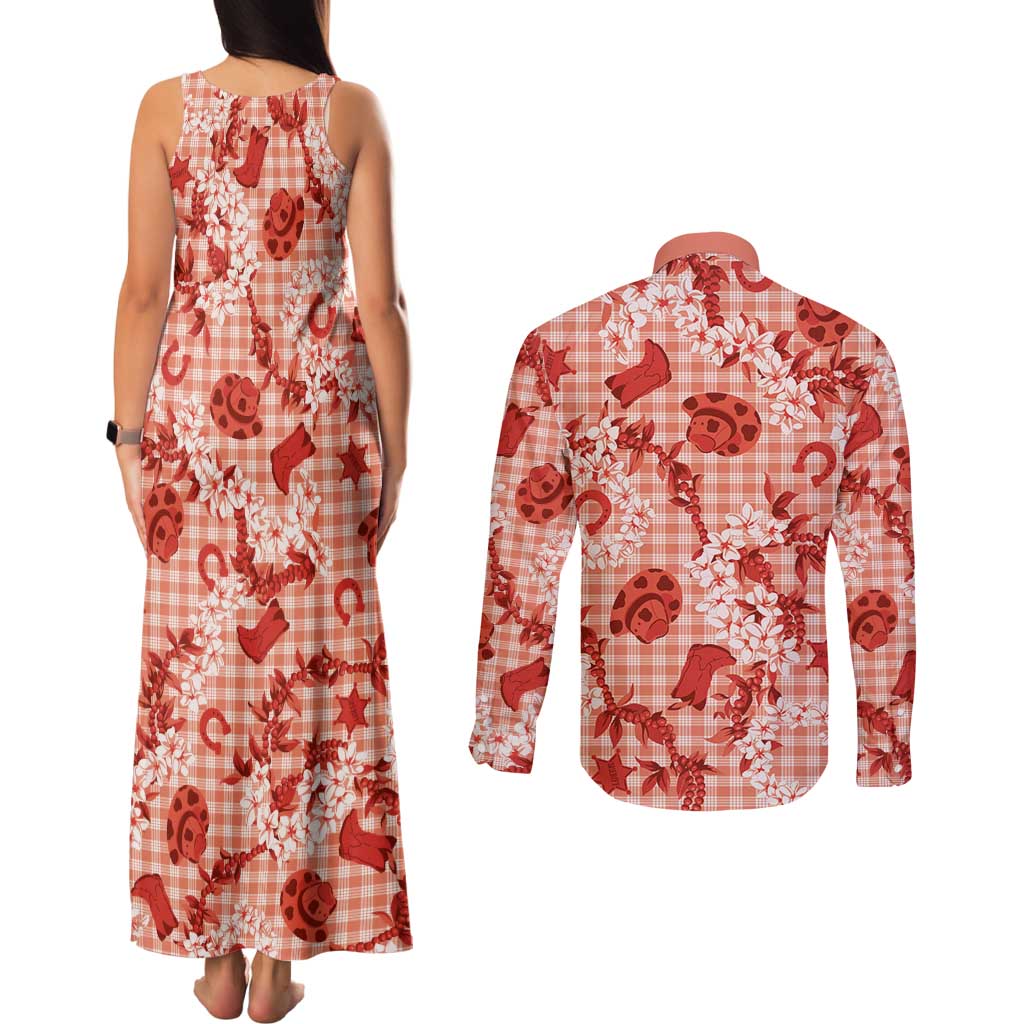 Mokihana Maile Ilima Leis Paniolo Palaka Couples Matching Tank Maxi Dress and Long Sleeve Button Shirt Hawaiian Ulaula Spirit - Polynesian Pride