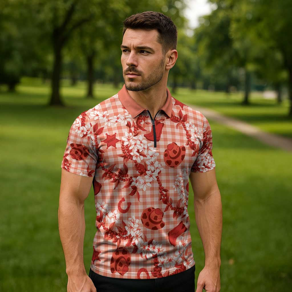 Mokihana Maile Ilima Leis Paniolo Palaka Zipper Polo Shirt Hawaiian Ulaula Spirit - Polynesian Pride