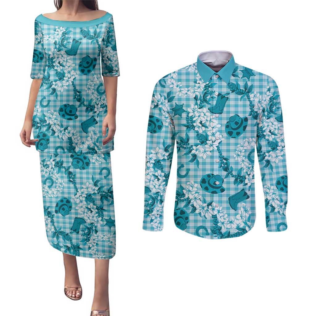 Mokihana Maile Ilima Leis Paniolo Palaka Couples Matching Puletasi and Long Sleeve Button Shirt Hawaiian Polu Opa Spirit - Polynesian Pride