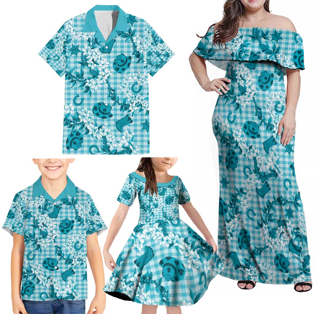 Mokihana Maile Ilima Leis Paniolo Palaka Family Matching Off Shoulder Maxi Dress and Hawaiian Shirt Hawaiian Polu Opa Spirit - Polynesian Pride