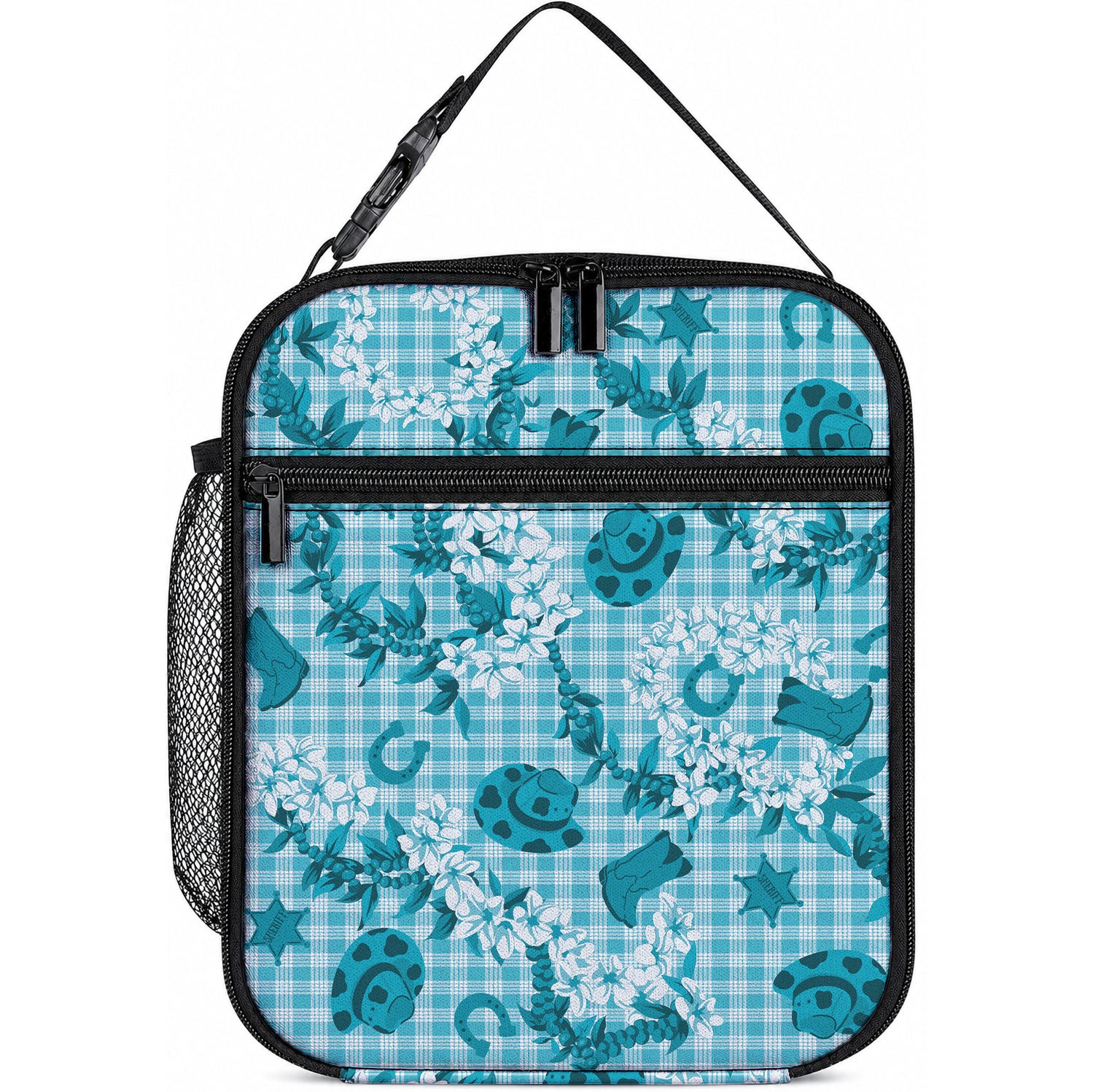 Mokihana Maile Ilima Leis Paniolo Palaka Lunch Bag Hawaiian Polu Opa Spirit LT9 10.2 × 8.3 × 4.3 inch Turquoise - Polynesian Pride