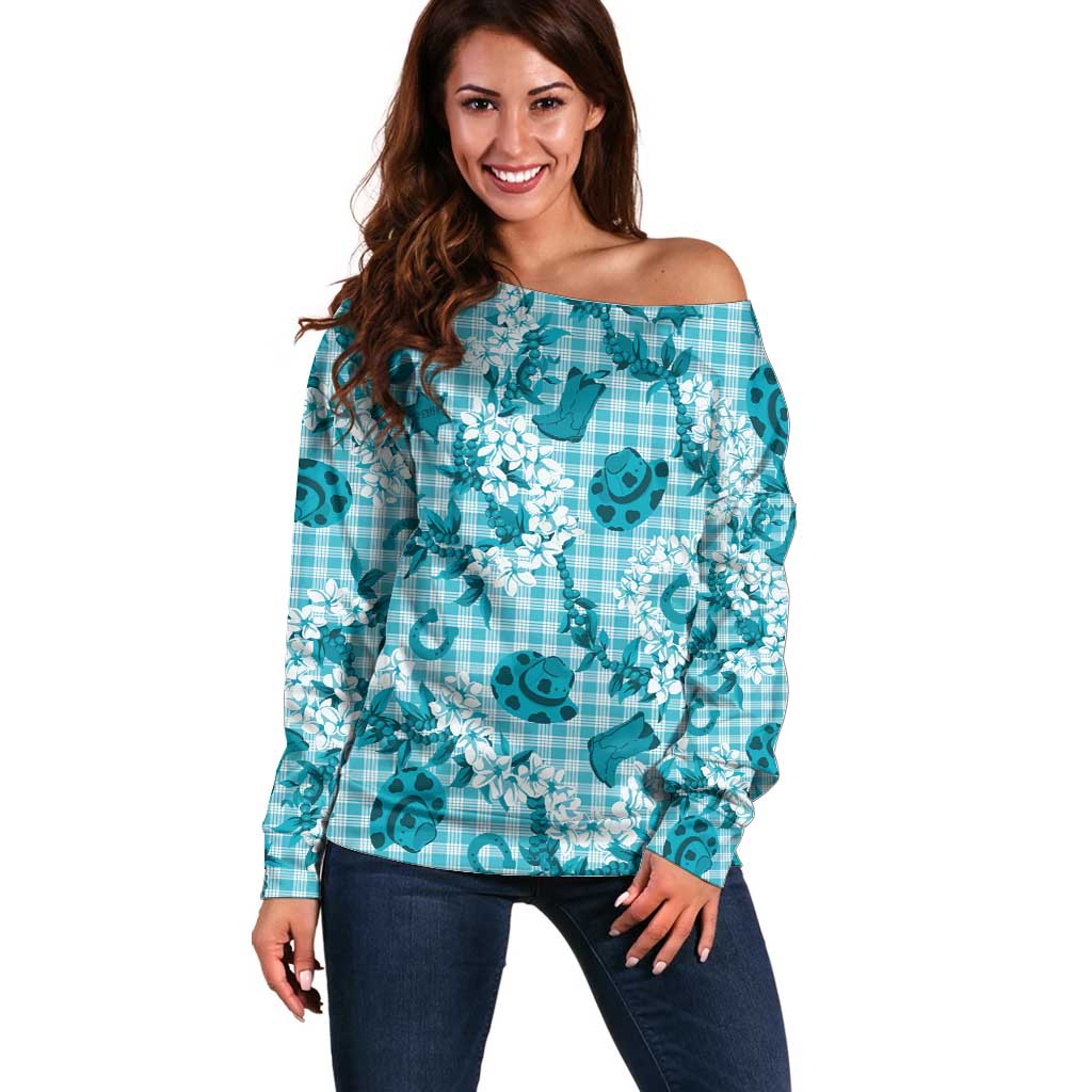 Mokihana Maile Ilima Leis Paniolo Palaka Off Shoulder Sweater Hawaiian Polu Opa Spirit - Polynesian Pride