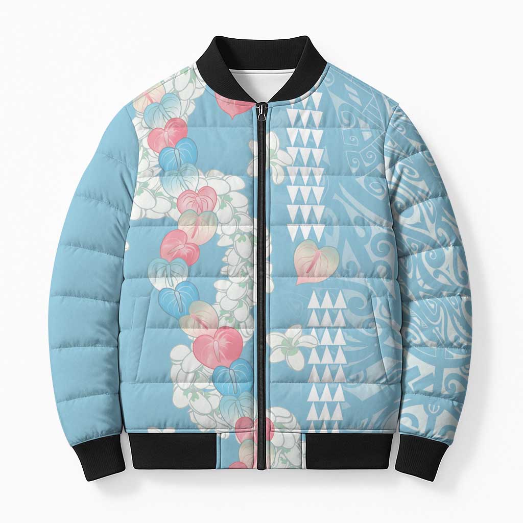 Blue Hawaii Anthurium Plumeria Lei Bomber Puffer Jacket LT9 Unisex Blue - Polynesian Pride