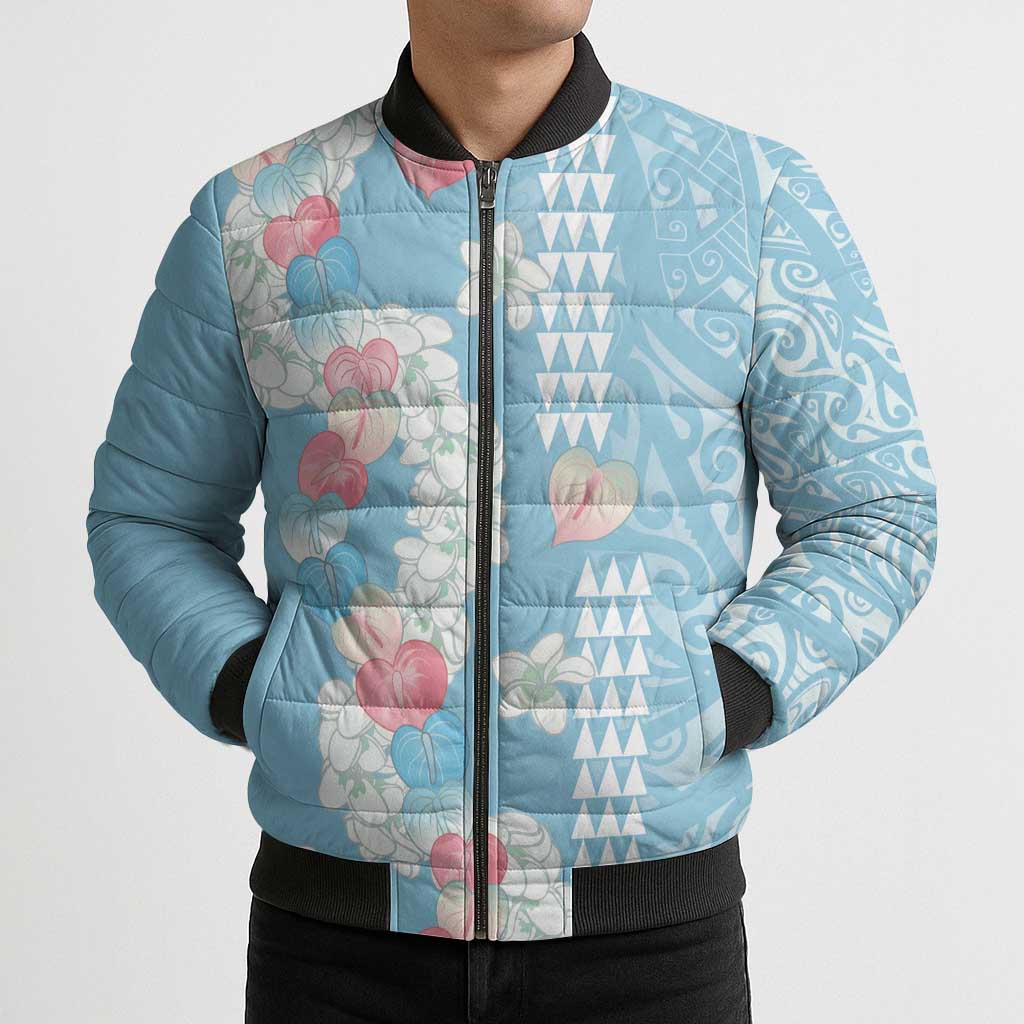 Blue Hawaii Anthurium Plumeria Lei Bomber Puffer Jacket LT9 - Polynesian Pride