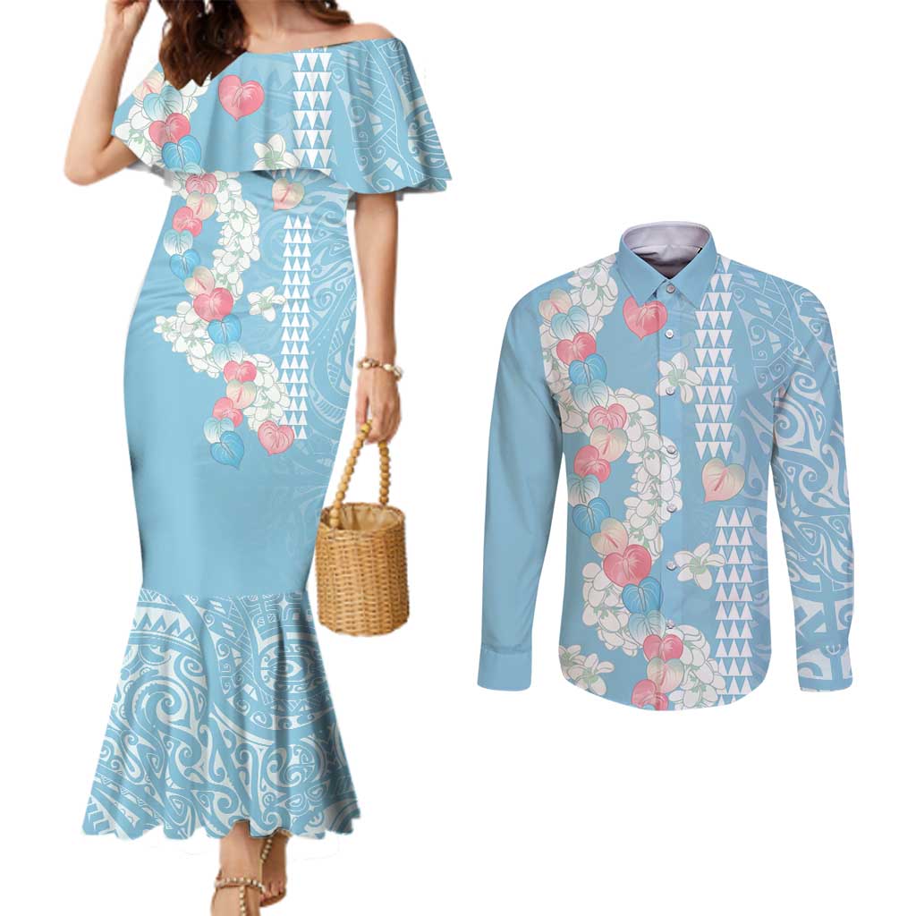 Blue Hawaii Anthurium Plumeria Lei Couples Matching Mermaid Dress and Long Sleeve Button Shirt