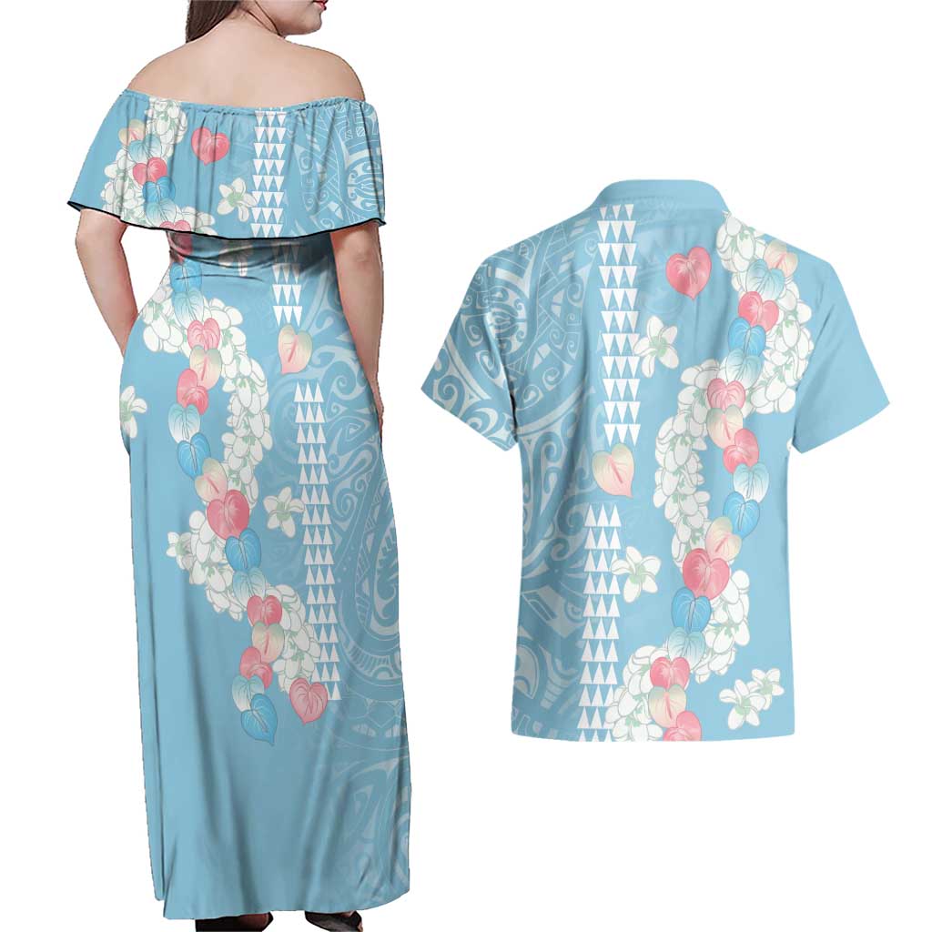 Blue Hawaii Anthurium Plumeria Lei Couples Matching Off Shoulder Maxi Dress and Hawaiian Shirt LT9 - Polynesian Pride