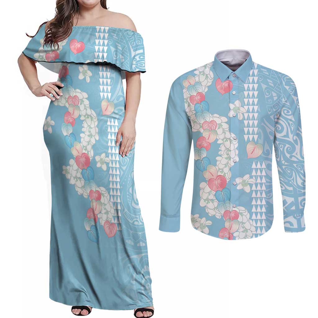 Blue Hawaii Anthurium Plumeria Lei Couples Matching Off Shoulder Maxi Dress and Long Sleeve Button Shirt LT9 Blue - Polynesian Pride