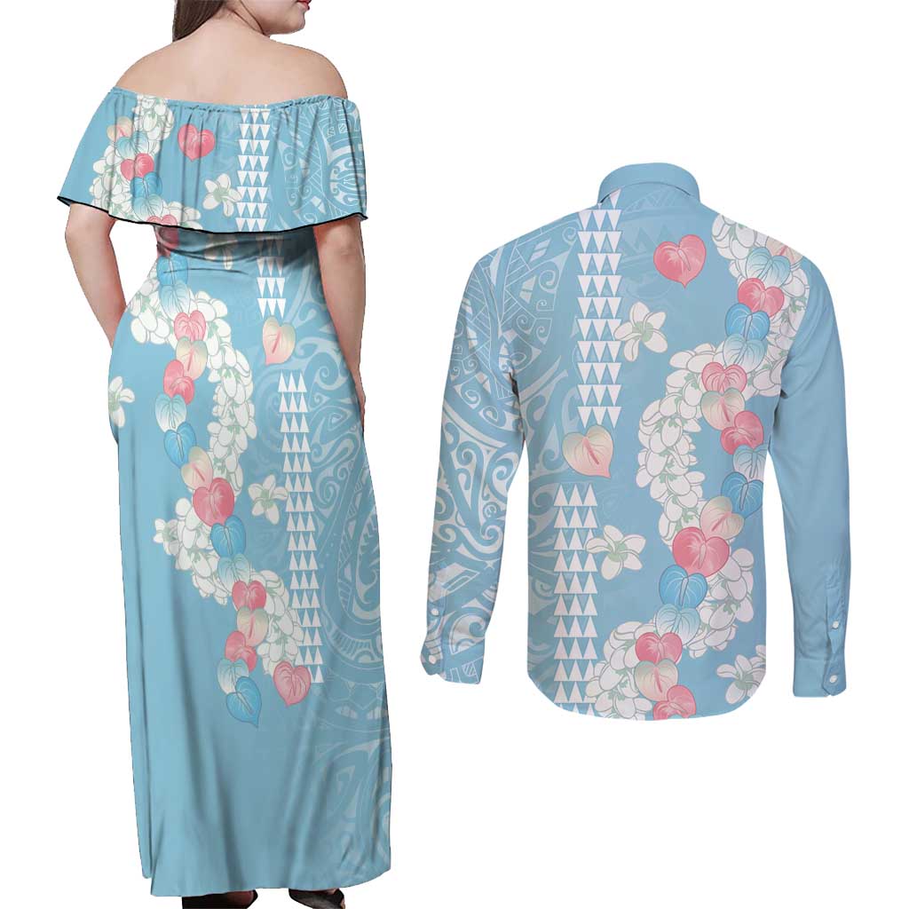 Blue Hawaii Anthurium Plumeria Lei Couples Matching Off Shoulder Maxi Dress and Long Sleeve Button Shirt LT9 - Polynesian Pride