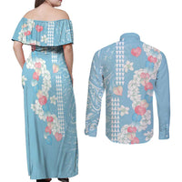 Blue Hawaii Anthurium Plumeria Lei Couples Matching Off Shoulder Maxi Dress and Long Sleeve Button Shirt LT9 - Polynesian Pride