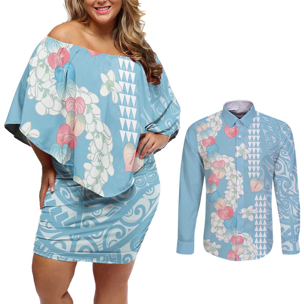 Blue Hawaii Anthurium Plumeria Lei Couples Matching Off Shoulder Short Dress and Long Sleeve Button Shirt LT9 Blue - Polynesian Pride