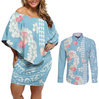 Blue Hawaii Anthurium Plumeria Lei Couples Matching Off Shoulder Short Dress and Long Sleeve Button Shirt LT9 Blue - Polynesian Pride