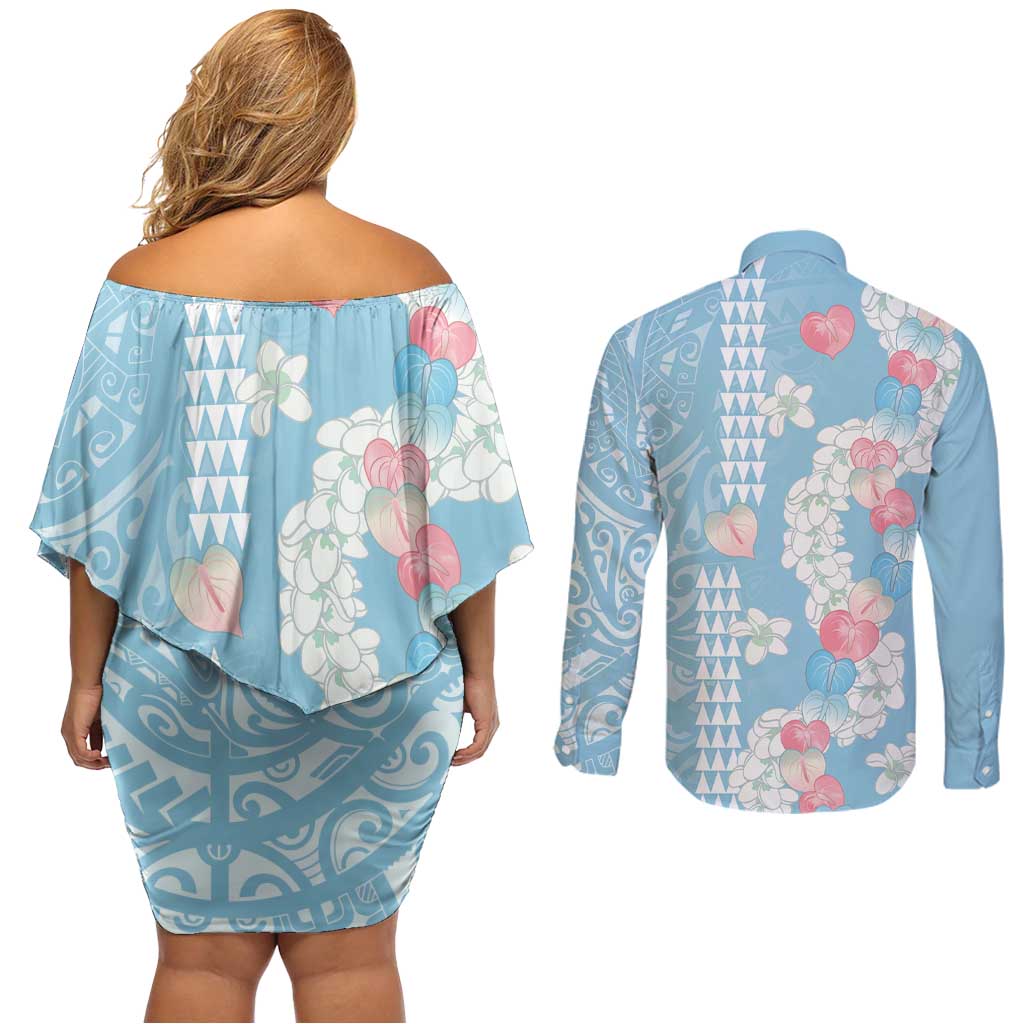 Blue Hawaii Anthurium Plumeria Lei Couples Matching Off Shoulder Short Dress and Long Sleeve Button Shirt LT9 - Polynesian Pride
