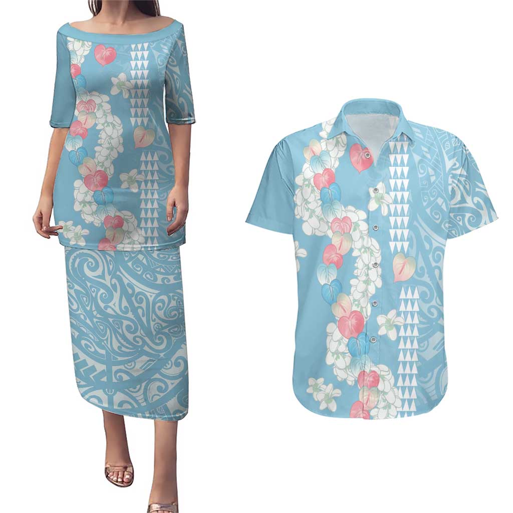 Blue Hawaii Anthurium Plumeria Lei Couples Matching Puletasi and Hawaiian Shirt LT9 Blue - Polynesian Pride