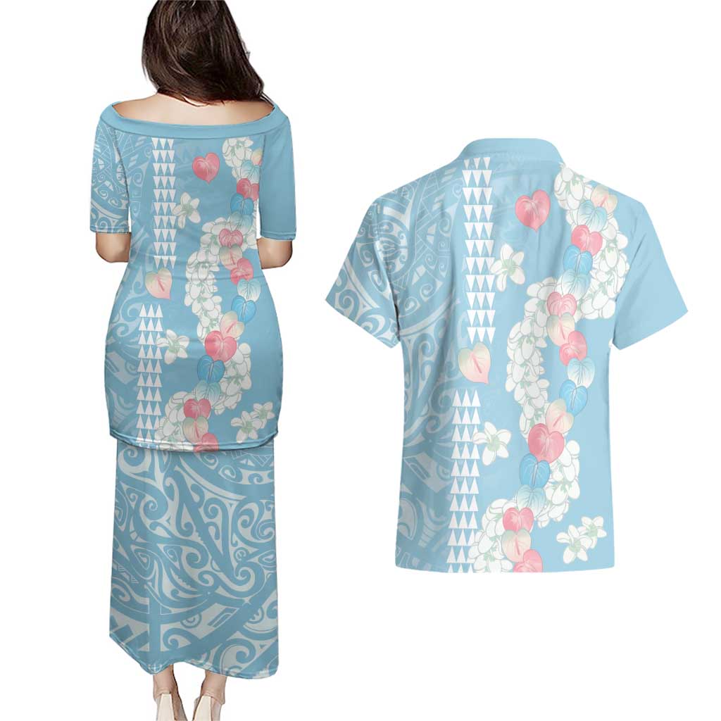 Blue Hawaii Anthurium Plumeria Lei Couples Matching Puletasi and Hawaiian Shirt LT9 - Polynesian Pride